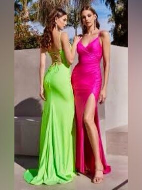 Ladivine Neon Green Satin Gown | Lace-Up Back Ruched Slit Dress | Size 4